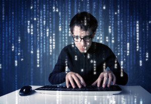 Hacker decoding information from futuristic network technology